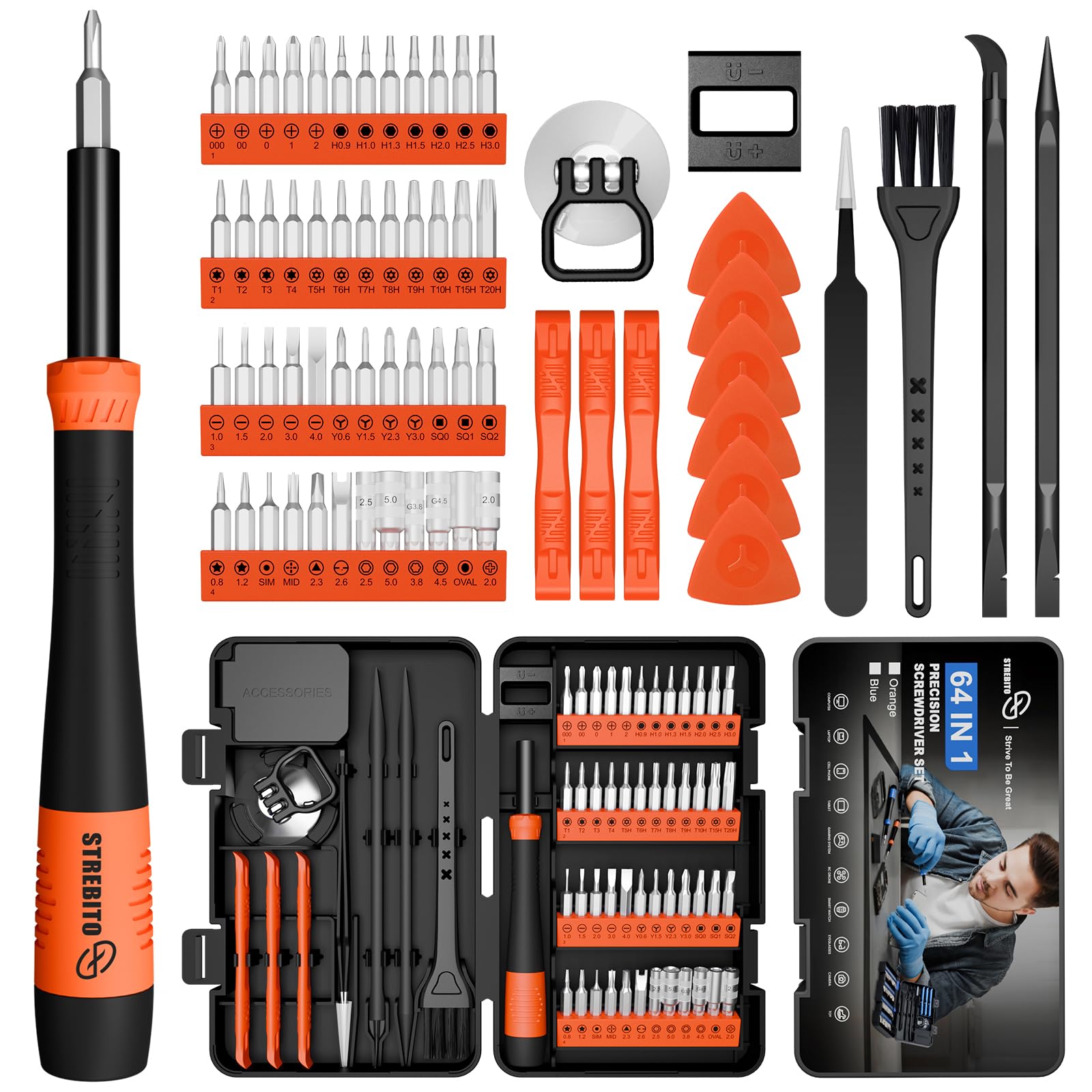 STREBITO Small Precision Screwdriver Set 64-piece with Torx, Triwing, Pentalobe, Electronics Repair Tool Kit for Computer, PC, Laptop, Macbook, Tablet, Phone, PS5, XBOX, Switch, Glass, Ring Doorbell